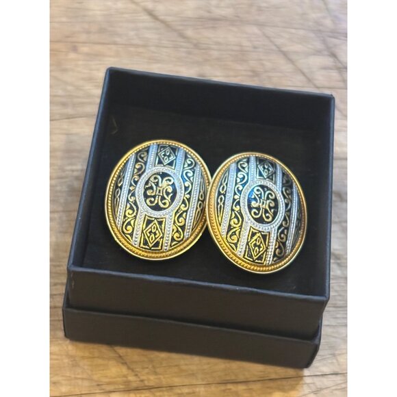 Vintage Spain Damascene Gold & Black Oval Cufflinks With Intricate Pattern - Picture 5 of 5